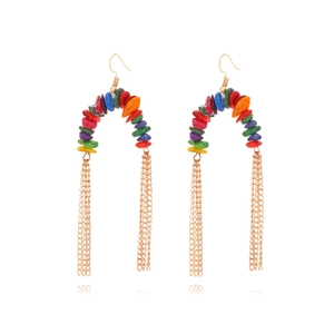 Bohemian Ethnic Dangle Earrings Multicolored Crushed Stone Gold Alloy U Shaped Long Chain Tassel For Women