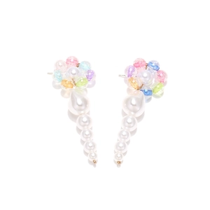 Detail of floral pearl drop earrings with colorful beaded petals and white gradient pearls