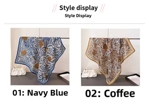 Detail view of paisley and rose print scarfs in navy blue and coffee brown shades