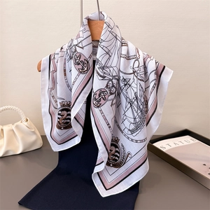 British style nautical print silk scarf with carriage pattern on white cotton linen blend