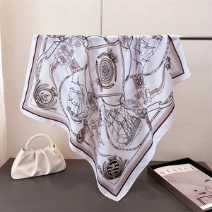 White silk-feel square scarf with vintage nautical anchor and sailboat print