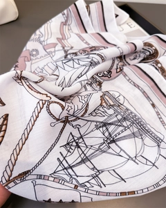 Close-up of vintage sailing ship print on soft cotton-linen blend square scarf