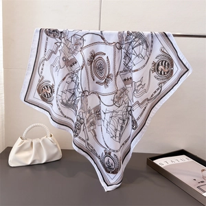 Women Vintage Nautical Square Scarf Satin Like Polyester Herringbone Anchor Sailboat Print French Style Fashion Neck Wrap