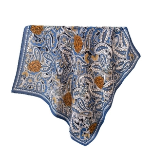 Navy blue paisley floral square silk scarf with yellow roses and decorative borders