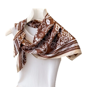 Deep brown cashew print silk square scarf with vintage floral pattern on white display