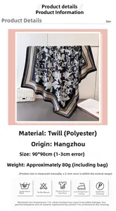 Detailed view of black and white floral pattern scarf with 90x90cm size specifications