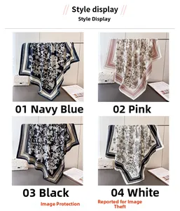 Detailed view of four vintage floral silk-like scarves in navy, pink, black, and white