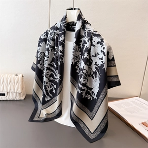 Silk-like large square scarf with vintage grey floral print and golden accents