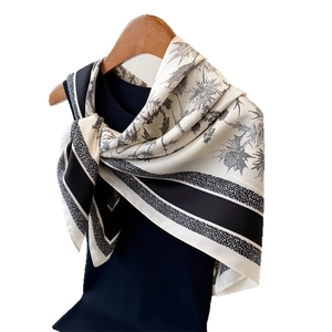 Silk square scarf with vintage thistle floral print and striped border design