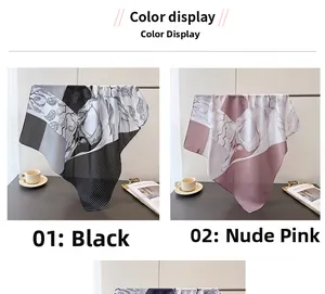 Detail display of striped silk scarf with plant leaf prints in black and nude pink colors