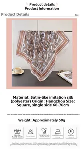 Detail of paisley silk-like satin scarf with dimensions and fabric washing instructions