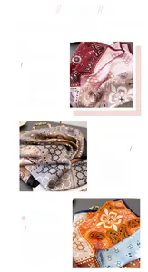 Detail view of printed faux silk scarf showing paisley patterns and fine stitching