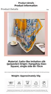 Détail d'un foulard en satin aux imprimés floraux et animaux orange et bleu éclatants