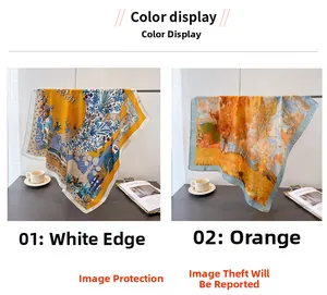 Vue détaillée de deux foulards en soie vintage aux imprimés artistiques orange et blanc