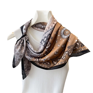 Fashionable color-block earth tone satin silk square scarf with paisley and floral prints