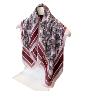 Pink and burgundy paisley silk-like satin scarf with elegant geometric patterns