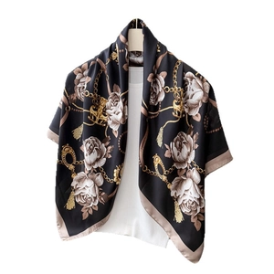 Retro luxury large square silk scarf with floral gold chain print on black background