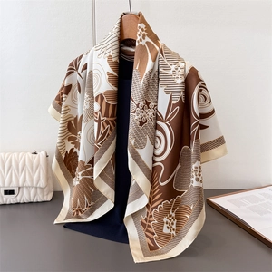 French Retro Floral Print Satin Square Scarf For Women Elegant Silk Like Polyester Shawl Professional Office Bandana Headscarf Neck Scarf