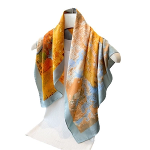 Foulard en satin soyeux avec imprimé de peinture à l'huile abstraite et bord bleu