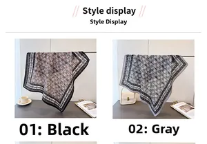Style display of square scarves in black and grey with vintage paisley patterns