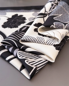 Close-up of the fine ribbed texture and floral patterns on this silk square scarf