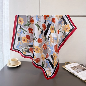 Women Satin Like Satin Square Scarf Floral Print French Retro Neck Head Kerchief Hair Wrap Elegant Fashion Accessories