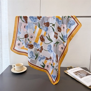 Silk-like square scarf with elegant blue tulip print and yellow stripes for women