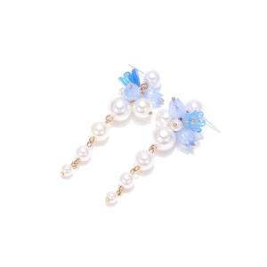 Vintage long tassel earrings featuring blue lily of the valley flowers and pearls