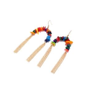 Bohemian ethnic handmade beaded gravel earrings with long gold metal chain tassels