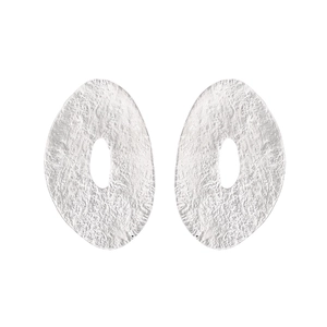 Minimalist irregular oval textured silver metal earrings with geometric hollow design