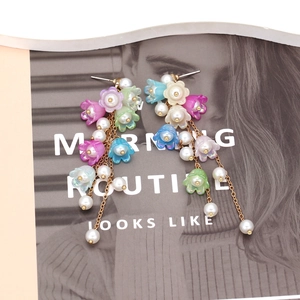 Elegant lily of the valley long tassel earrings with colorful petals and pearls