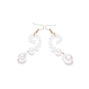 Elegant gold hook earrings with spiral white pearls and baroque drop in minimalist design
