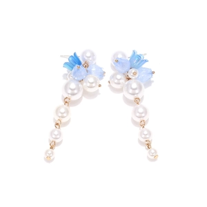 Vintage long tassel earrings with blue flower petals and graduated imitation pearls