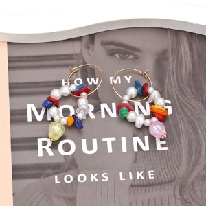 Bohemian large gold hoop earrings with natural pearls, colorful stones and tulip charms