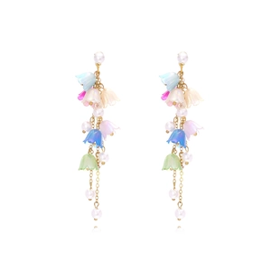 Lily Of The Valley Long Tassel Drop Earrings Resin Flower Faux Artificial Pearl Alloy Jewelry Multicolored Fairy Romantic For Women