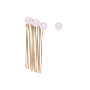 Asymmetrical Imitation Artificial Pearl Tassel Dangle Earrings Gold Tone Alloy Long Chain Drop Fashion Jewelry For Women Elegant