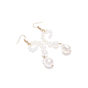 Elegant gold S-curve drop earrings with white imitation baroque pearls on white background