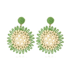 Bohemian Handmade Woven Raffia Sunflower Dangle Earrings With Wood Beads Women Summer Beach Vacation Boho Floral