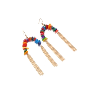 Bohemian ethnic style earrings featuring colorful stone beads and golden chain tassels