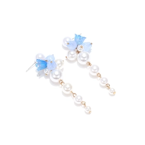 Elegant floral tassel drop earrings with blue bellflower petals and white pearls