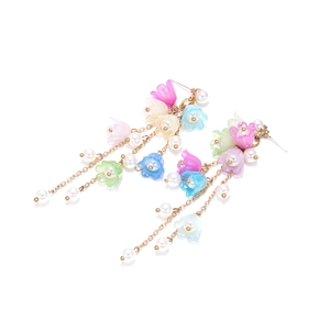 Elegant lily of the valley tassel earrings with colorful resin flowers and pearls
