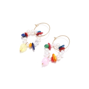 Bohemian large hoop earrings with colorful natural stones, faux pearls and tulip charms