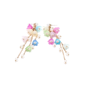 Colorful lily of the valley tassel earrings with gold chains and white pearls