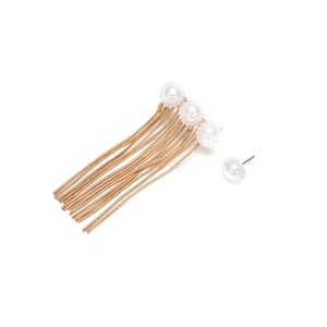 Elegant asymmetric long metal chain tassel earrings with faux pearls on white background