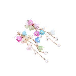 Elegant lily of the valley tassel earrings with pastel resin flowers and white pearls