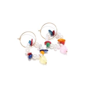 Bohemian gold hoop earrings with colorful natural stones, pearls and tulip pendants