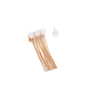 Asymmetric gold fringe earrings with elegant faux pearls and metal chain tassels