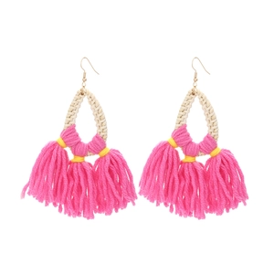 Bohemian rattan woven earrings with vibrant pink fringe tassels and yellow thread accents