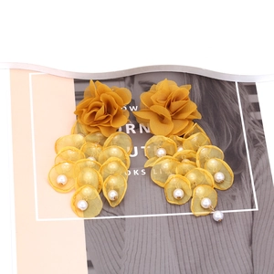 Handmade ginger yellow organza flower petal tassel earrings with elegant pearls