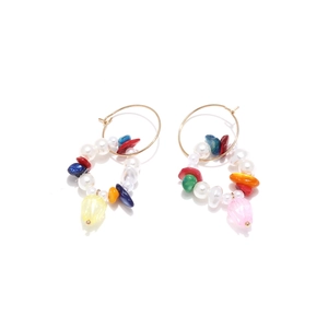 Bohemian gold hoop earrings with colorful natural stones, faux pearls and flower drops